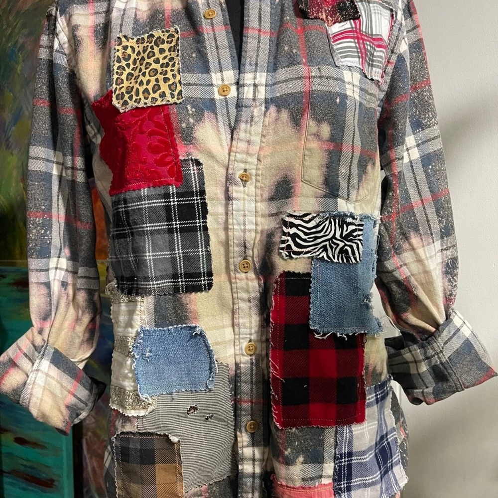 Upcycled Up-cycled Bleached Plaid Flannel with Red Denim Patchwork Animal Prints